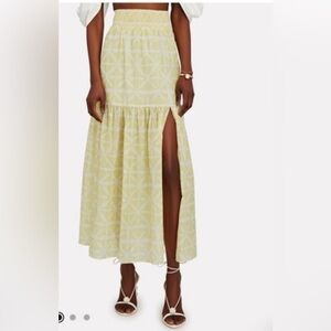 Intermix Adeline Printed Tiered Midi Skirt Yellow and White.